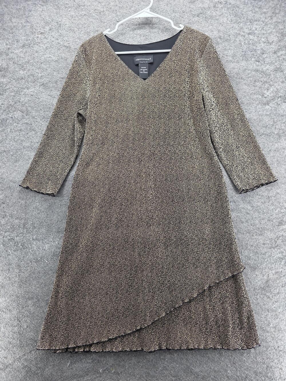 Connected Apparel Dress Womens 10 Black Tan Print V Neck 3/4 Sleeve Asymmetrical